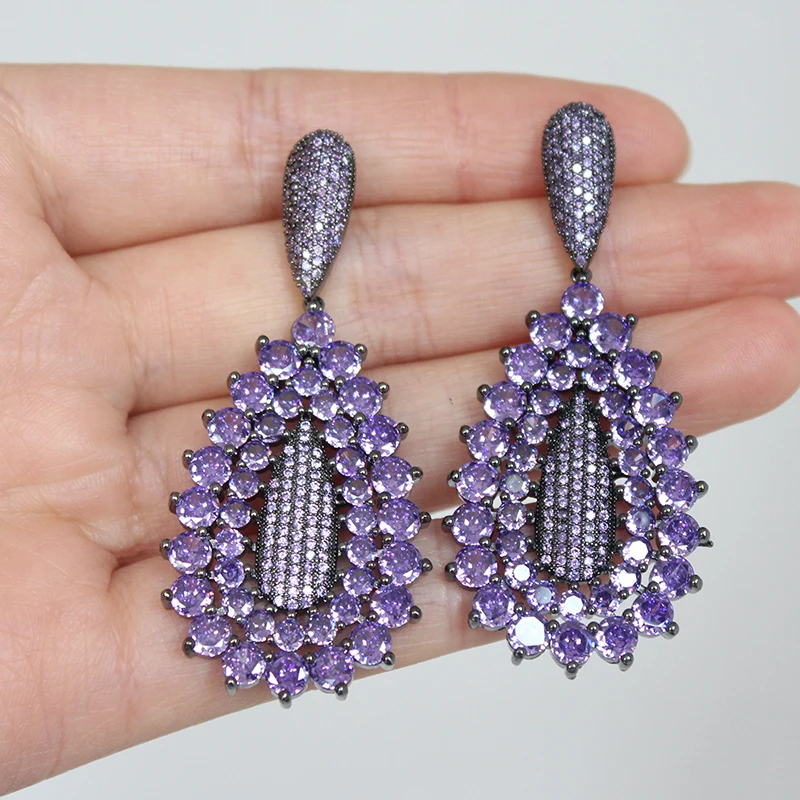 Designer Women's Earrings Luxury Jewelry Cubic Zirconia Water Drop Hoop Dangle Earrings for Women Party Jewelry Purple Gift
