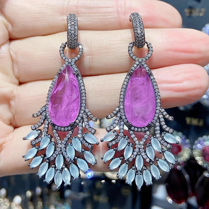 Designer Women's Earrings Luxury Jewelry Cubic Zirconia Water Drop Hoop Dangle Earrings for Women Party Jewelry Purple Gift
