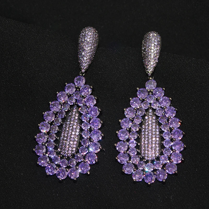 Designer Women's Earrings Luxury Jewelry Cubic Zirconia Water Drop Hoop Dangle Earrings for Women Party Jewelry Purple Gift