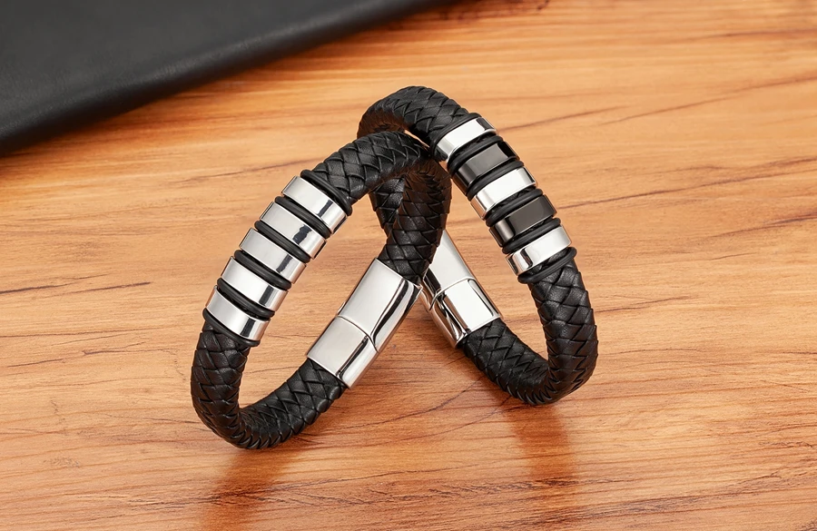 TYO Luxury Braided Rope Black Leather Stainless Steel Men's Bracelet High Quality Charm Magnetic Jewelry Accessories Wholesale