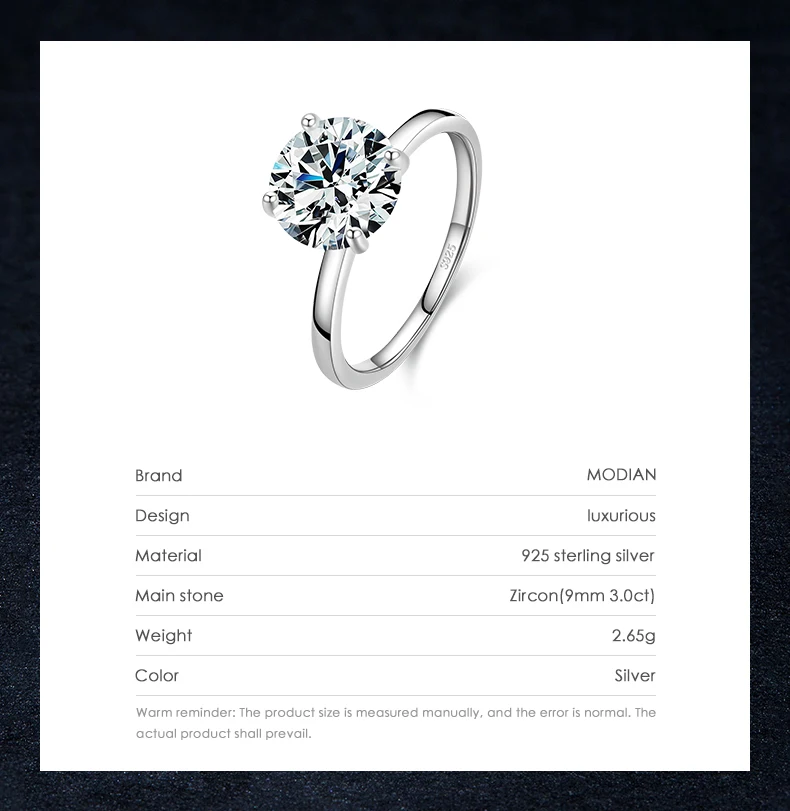MODIAN 925 Sterling Silver Classic Luxury 3 Carat Simulated Diamond Rings For Women Wedding Engagement Statement Fine Jewelry