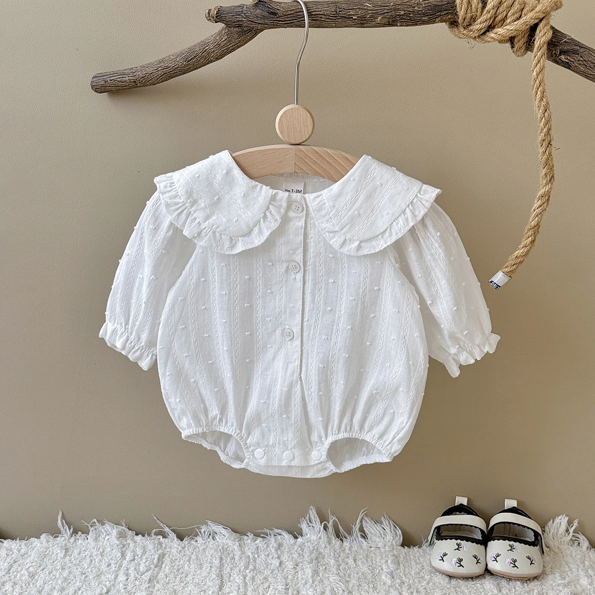 2025 Autumn New Spring and Autumn Baby Ha Yi New Clothing White Polka Dot Doll Collar Design Pure Cotton Cute and Cute Baby Jump