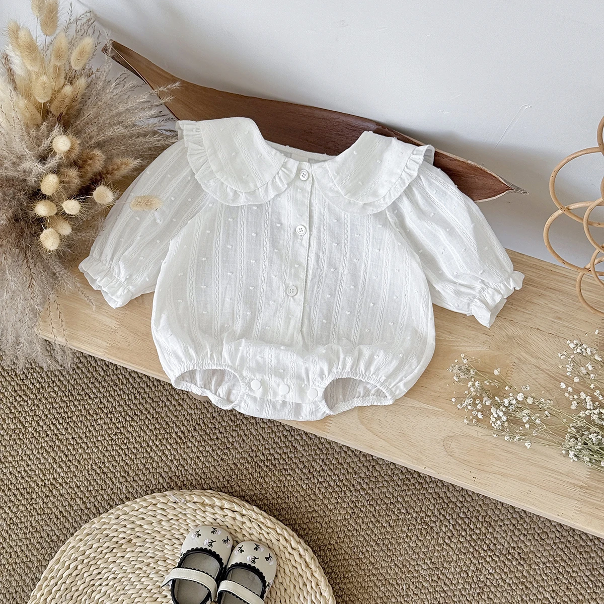 2025 Autumn New Spring and Autumn Baby Ha Yi New Clothing White Polka Dot Doll Collar Design Pure Cotton Cute and Cute Baby Jump