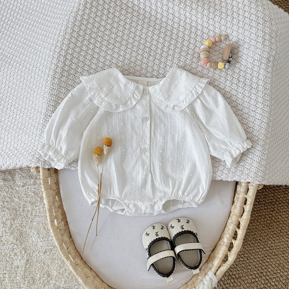 2025 Autumn New Spring and Autumn Baby Ha Yi New Clothing White Polka Dot Doll Collar Design Pure Cotton Cute and Cute Baby Jump