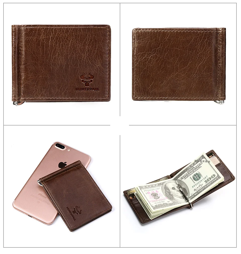 Ultra-thin Men's Money Clip Wallet Vintage Genuine Leather Bifold Card Holder Purse Mini High Quality Male Money Purse Cartera