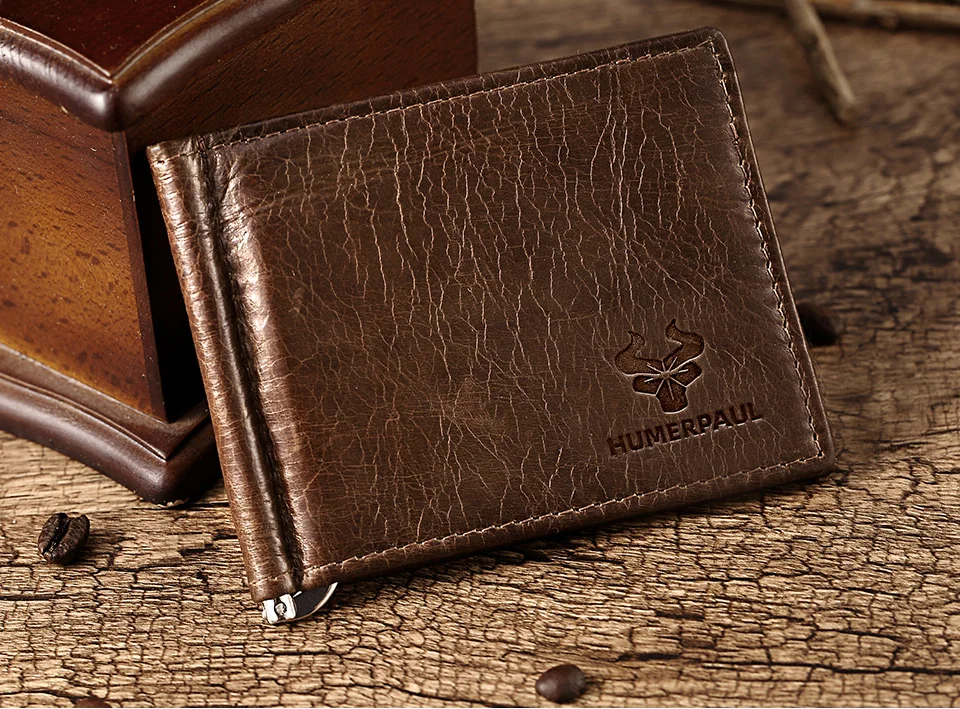 Ultra-thin Men's Money Clip Wallet Vintage Genuine Leather Bifold Card Holder Purse Mini High Quality Male Money Purse Cartera