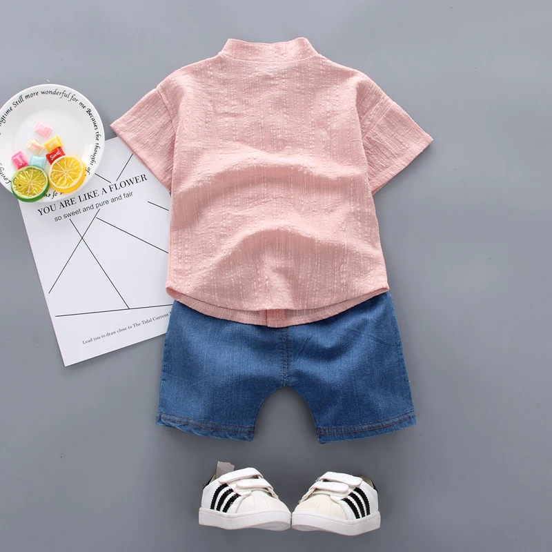 New Summer Hot Sale Toddler Kids Baby Boys Shirt Cartoon Tops Denim Shorts Pants Outfits Set Baby Clothes