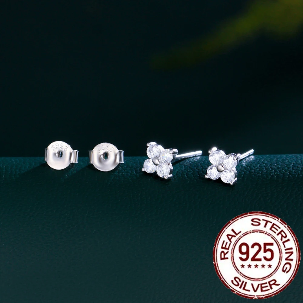 CWWZircons 925 Sterling Silver Mini Piercing Earrings Cute Flower Cubic Zirconia Fine Jewelry for Women Girl Wedding Party SE026