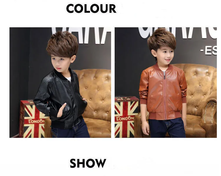 Boys Coats Autumn Winter Fashion Children's Plus Velvet / No Velvet Two Styles Warming Cotton PU Leather Jacket For 1-11Y Kids