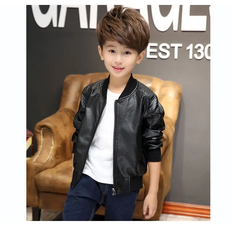 Boys Coats Autumn Winter Fashion Children's Plus Velvet / No Velvet Two Styles Warming Cotton PU Leather Jacket For 1-11Y Kids