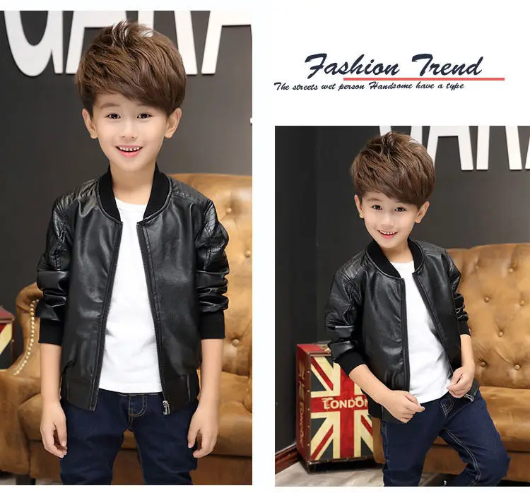 Boys Coats Autumn Winter Fashion Children's Plus Velvet / No Velvet Two Styles Warming Cotton PU Leather Jacket For 1-11Y Kids
