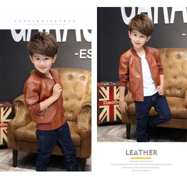 Boys Coats Autumn Winter Fashion Children's Plus Velvet / No Velvet Two Styles Warming Cotton PU Leather Jacket For 1-11Y Kids