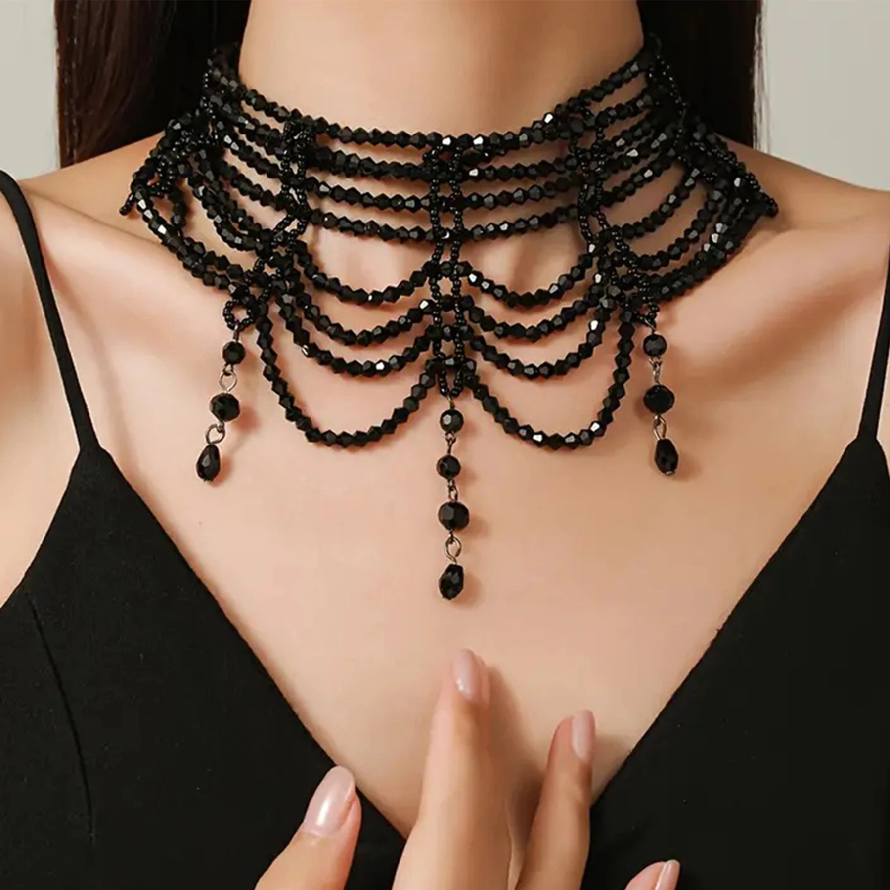 Fashion Black White Crystal Beads Necklace for Women Handmade Bohemian Drop Beaded  Choker Necklaces Ladies' Charm Jewelry