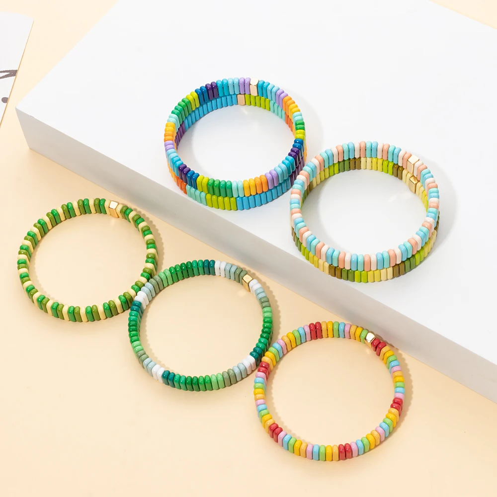 2024 New Design Elatic Rainbow Bracelets For Women 2X8MM Rectangle Beads Bracelets Bohemian Metal Bangle Colorful Jewelry