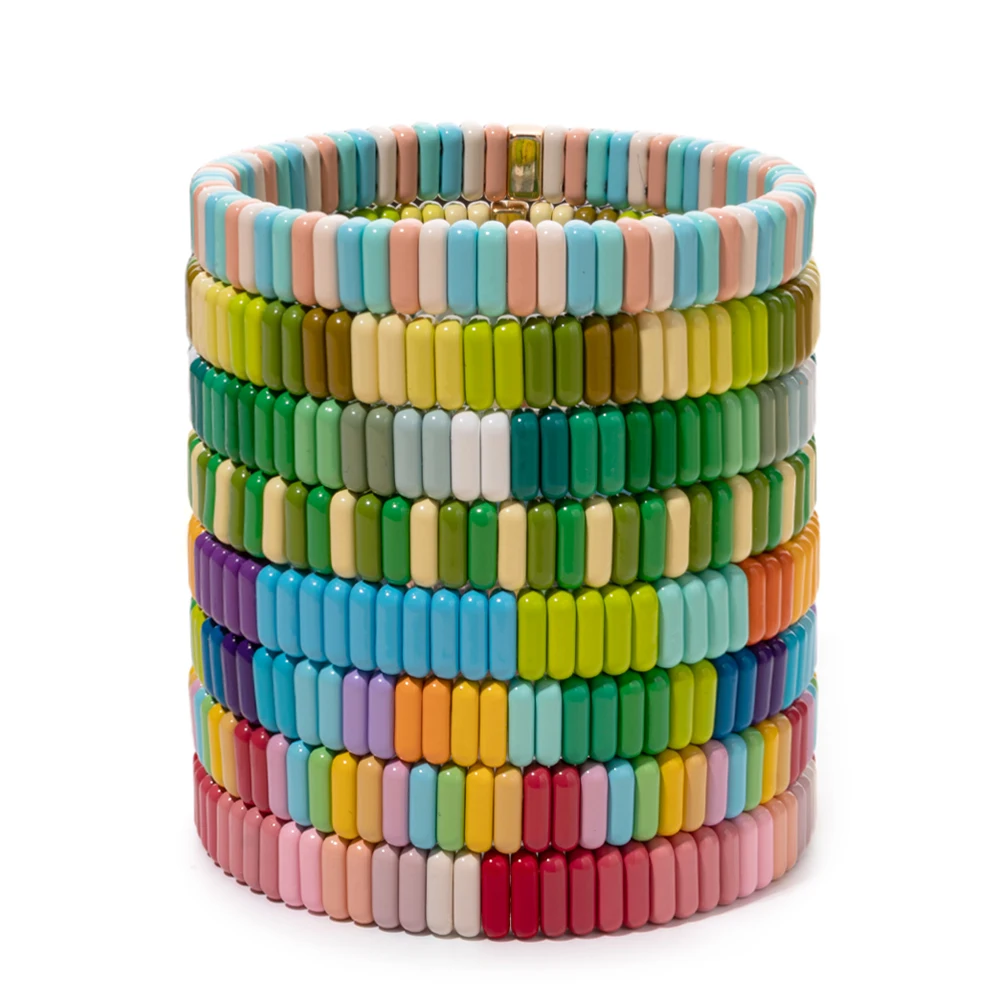 2024 New Design Elatic Rainbow Bracelets For Women 2X8MM Rectangle Beads Bracelets Bohemian Metal Bangle Colorful Jewelry
