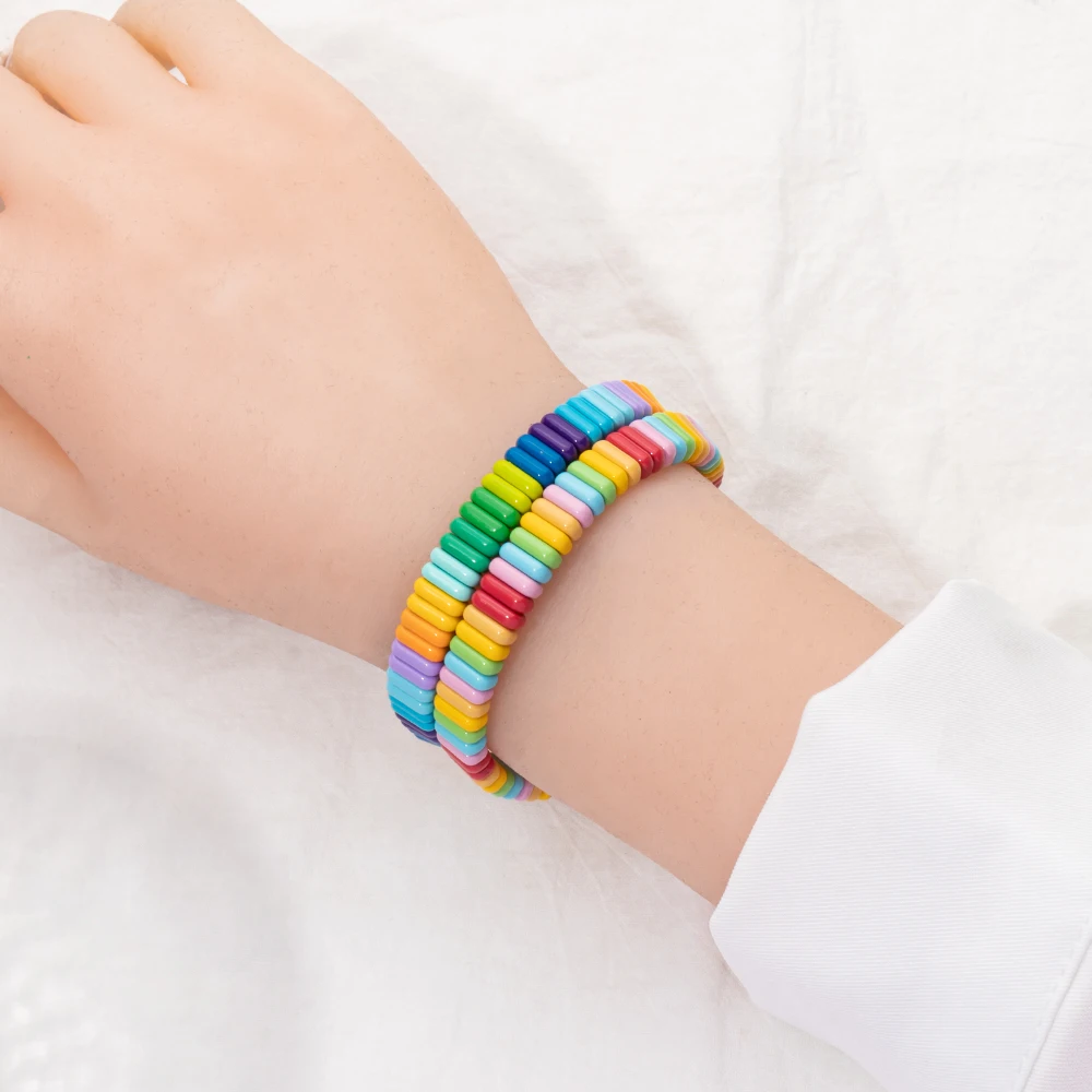 2024 New Design Elatic Rainbow Bracelets For Women 2X8MM Rectangle Beads Bracelets Bohemian Metal Bangle Colorful Jewelry