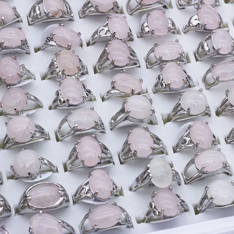 Vintage Natural Rose Pink Quartz Ring for Women Geometric Crystal Engagement Rings Set Female Gift Fine Jewelry 25Pcs/lot