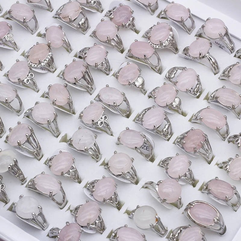 Vintage Natural Rose Pink Quartz Ring for Women Geometric Crystal Engagement Rings Set Female Gift Fine Jewelry 25Pcs/lot