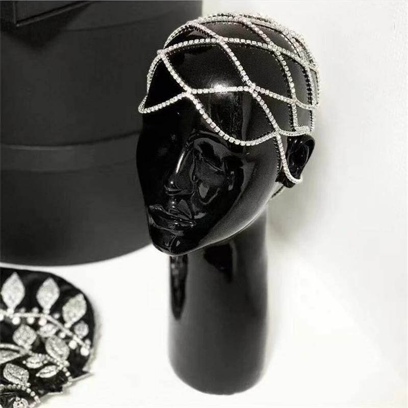 Hollow Rhinestone Mesh Headpiece Wedding Head Chain Jewelry for Women Luxury Crystal Headband Head Cap Hat Hair Accessories