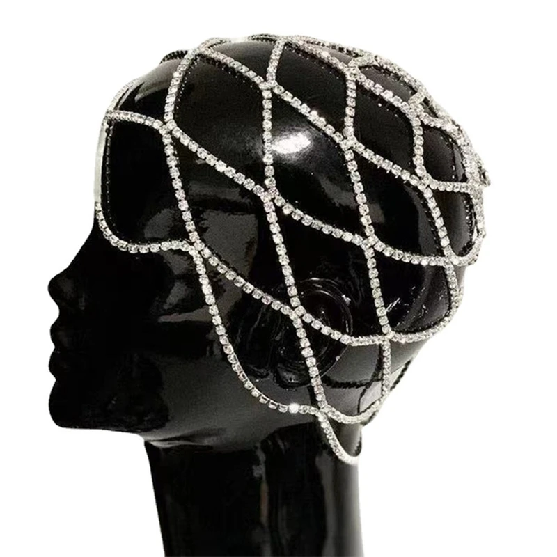 Hollow Rhinestone Mesh Headpiece Wedding Head Chain Jewelry for Women Luxury Crystal Headband Head Cap Hat Hair Accessories