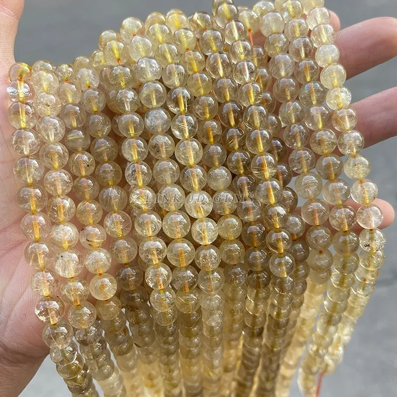 Natural Ice Gold Rutilated Quartz Round Loose Hair Crystal Beads 6/8/10/12 MM Pick Size For Jewelry Making Necklace Bracelet Diy