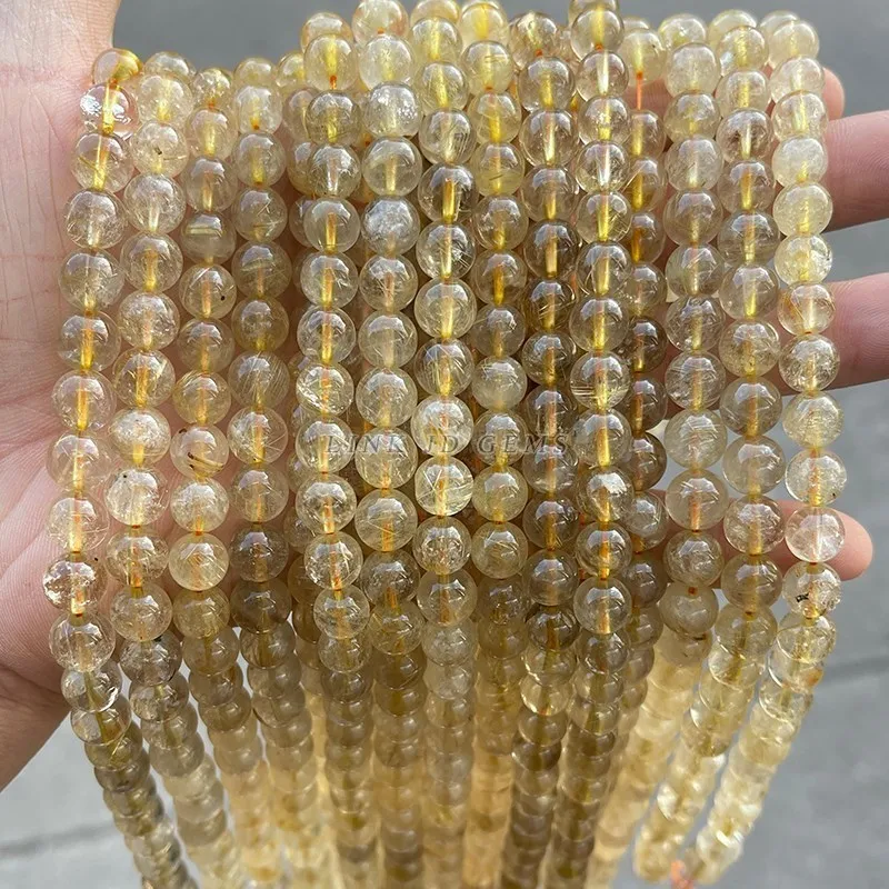 Natural Ice Gold Rutilated Quartz Round Loose Hair Crystal Beads 6/8/10/12 MM Pick Size For Jewelry Making Necklace Bracelet Diy