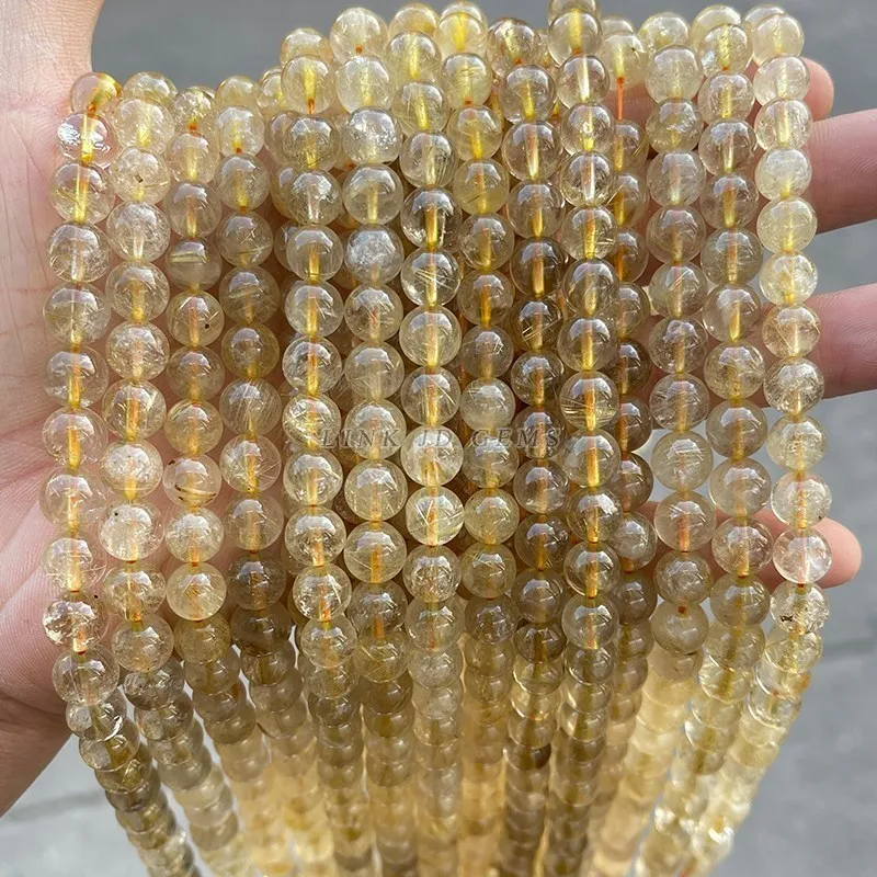 Natural Ice Gold Rutilated Quartz Round Loose Hair Crystal Beads 6/8/10/12 MM Pick Size For Jewelry Making Necklace Bracelet Diy