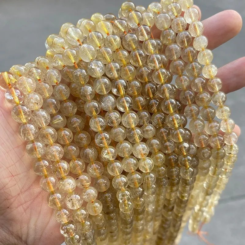 Natural Ice Gold Rutilated Quartz Round Loose Hair Crystal Beads 6/8/10/12 MM Pick Size For Jewelry Making Necklace Bracelet Diy