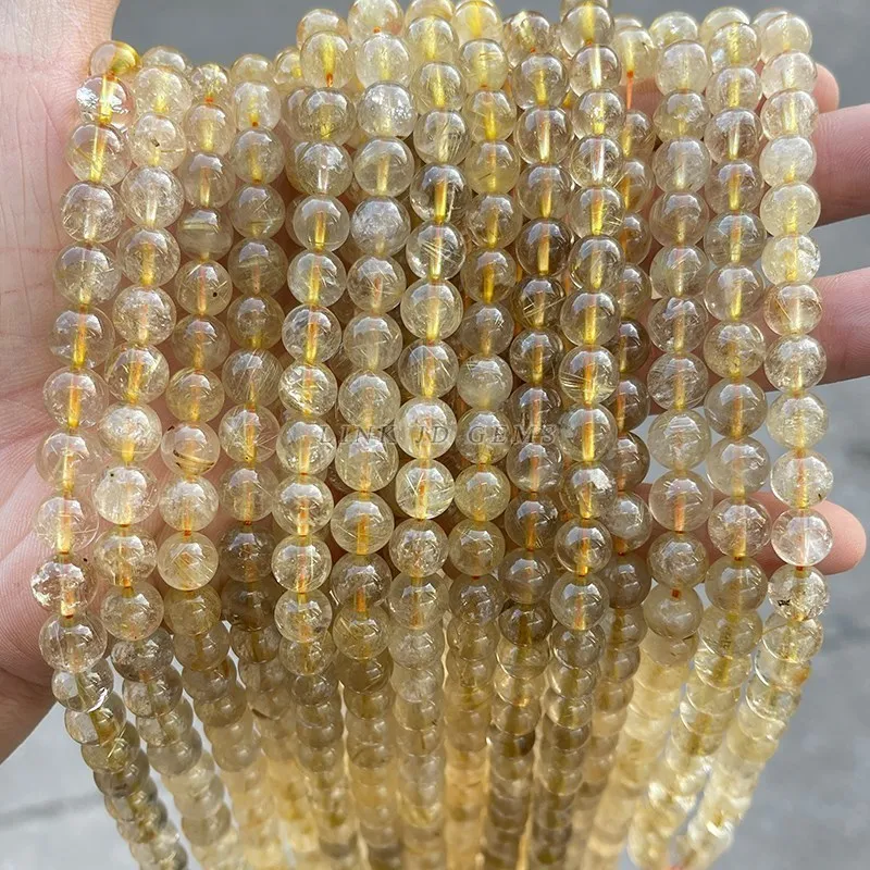 Natural Ice Gold Rutilated Quartz Round Loose Hair Crystal Beads 6/8/10/12 MM Pick Size For Jewelry Making Necklace Bracelet Diy