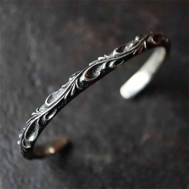 Vintage Vine Plant Carved Flower Bangle Men Women Jewelry Open Trendy Punk Male Bracelet Bangle Winding Wrist Accessories Gift