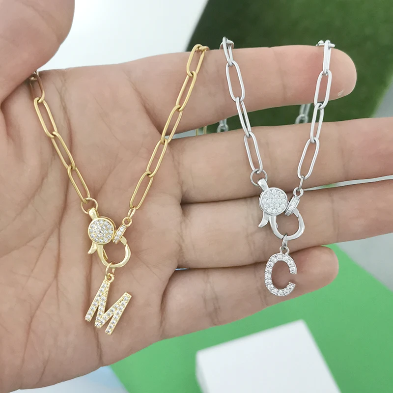 CZ Lobster Clasp Necklace Women Men Initial Charm Letters Choker Gold Silver Color Stainless Steel Chain Alphabet DIY AB