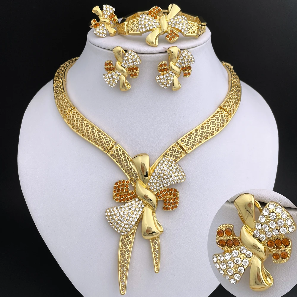 Italy 18k Gold Plated Women Jewelry Set Classic Design Bowknot Necklace Earring Bracelet And Ring 4PCS Set Jewelry Wedding Party