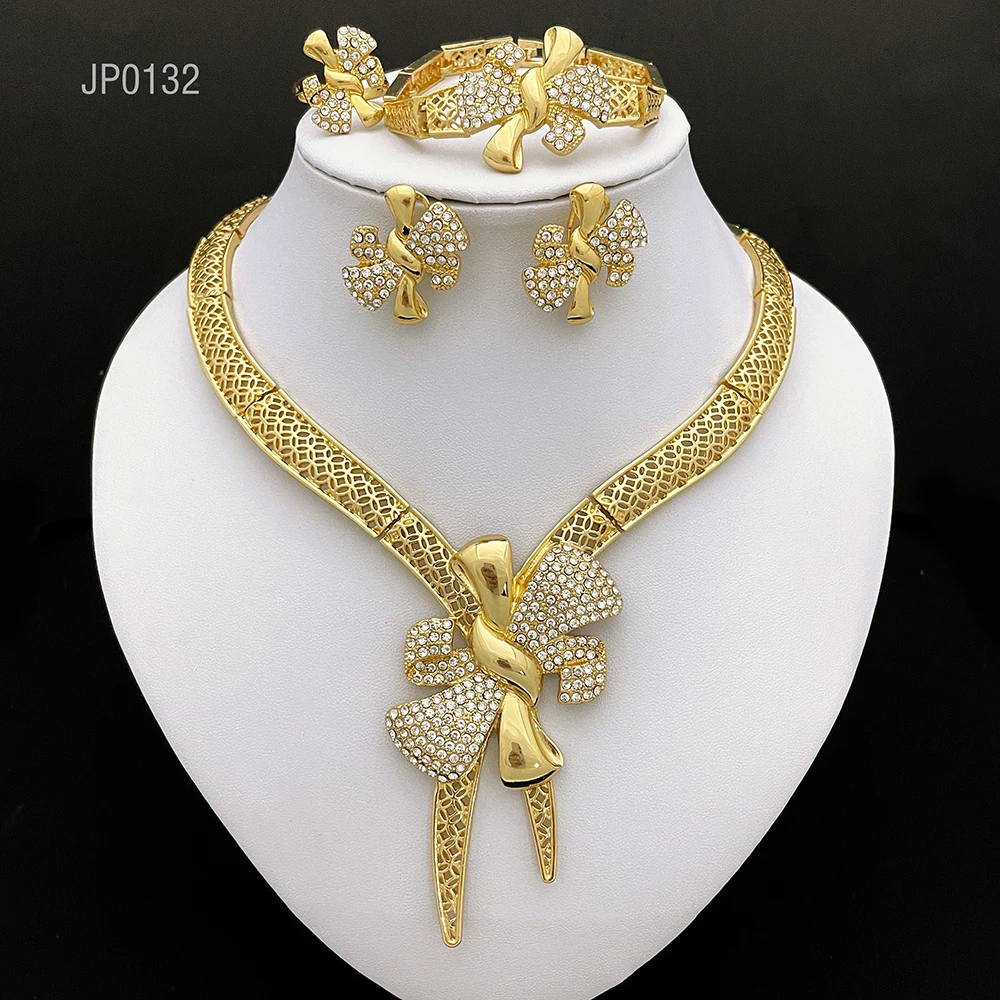 Italy 18k Gold Plated Women Jewelry Set Classic Design Bowknot Necklace Earring Bracelet And Ring 4PCS Set Jewelry Wedding Party