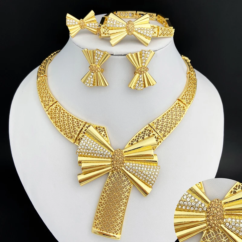Italy 18k Gold Plated Women Jewelry Set Classic Design Bowknot Necklace Earring Bracelet And Ring 4PCS Set Jewelry Wedding Party