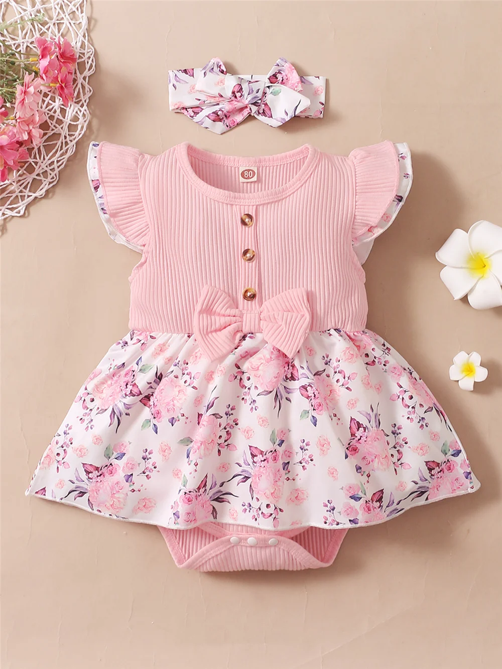 0-18 Months Baby Girl Floral Romper Dress Fly Sleeve Summer Ribbed Jumpsuit with Headband Newborn Baby Girl 2PCS Outfit