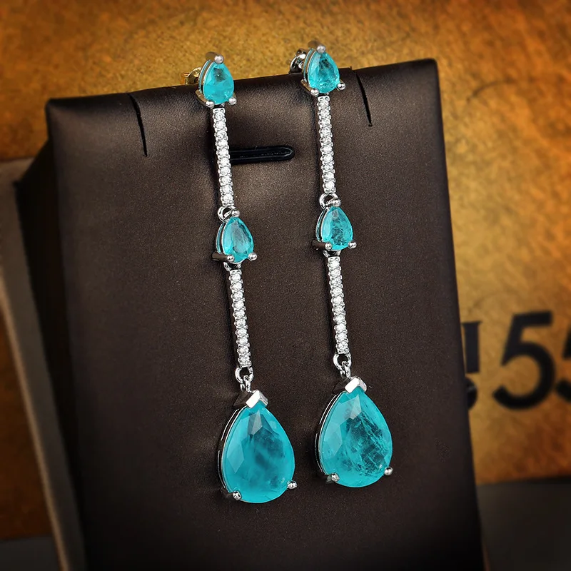 2022 NEW Trend Paraiba Emerald Sapphire Full Diamond Stud Earrings For Women Girl Oval Water Drop Shape Daily Party Gift Jewelry