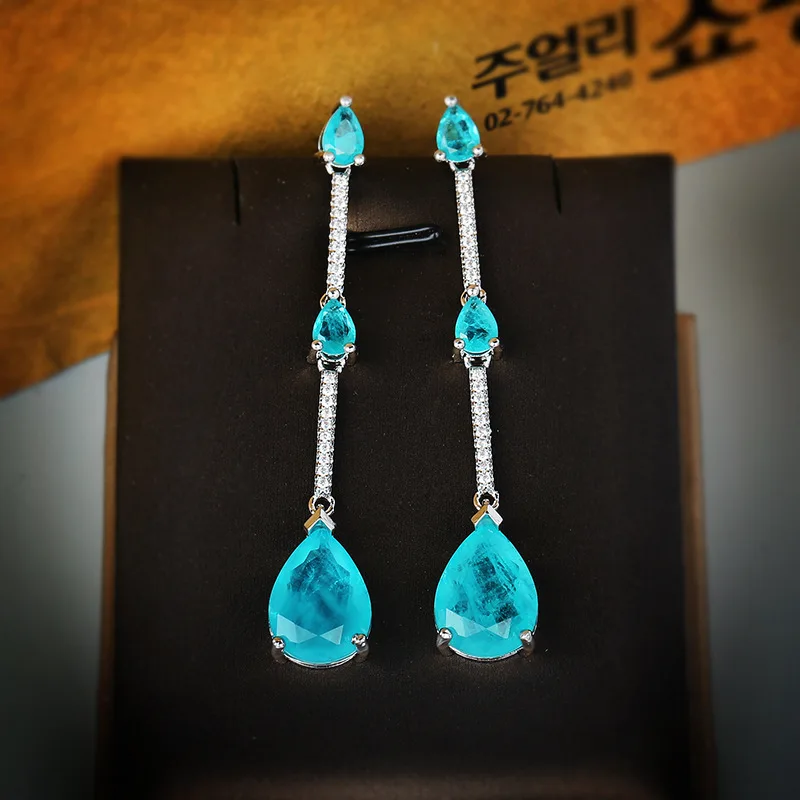 2022 NEW Trend Paraiba Emerald Sapphire Full Diamond Stud Earrings For Women Girl Oval Water Drop Shape Daily Party Gift Jewelry