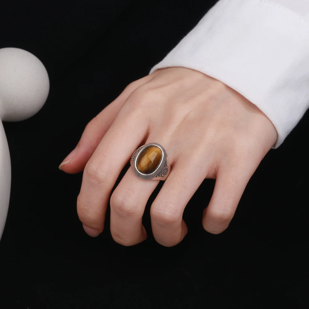 Vintage Natural Labradorite Ring for Women Men 10x14MM Oval Large Tiger Eye S925 Silver Plated Rings Boho Jewelry Gift FCGJHW