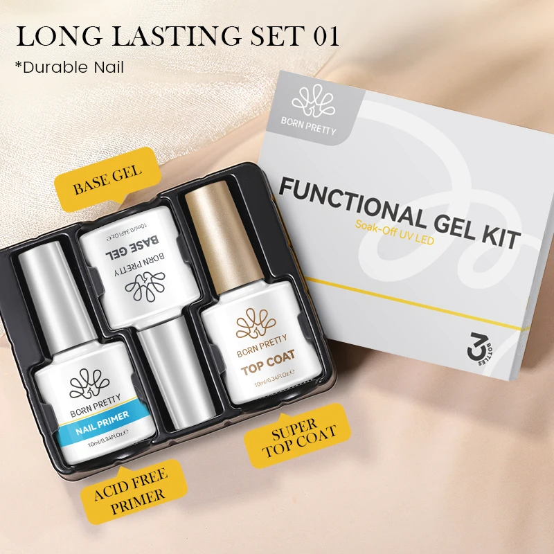 BORN PRETTY 3pcs Functional Gel Kit 10ml Base Gel Super Top Coat Acid-Free Primer for Semi Permanent UV Led Gel Varnish Soak Off