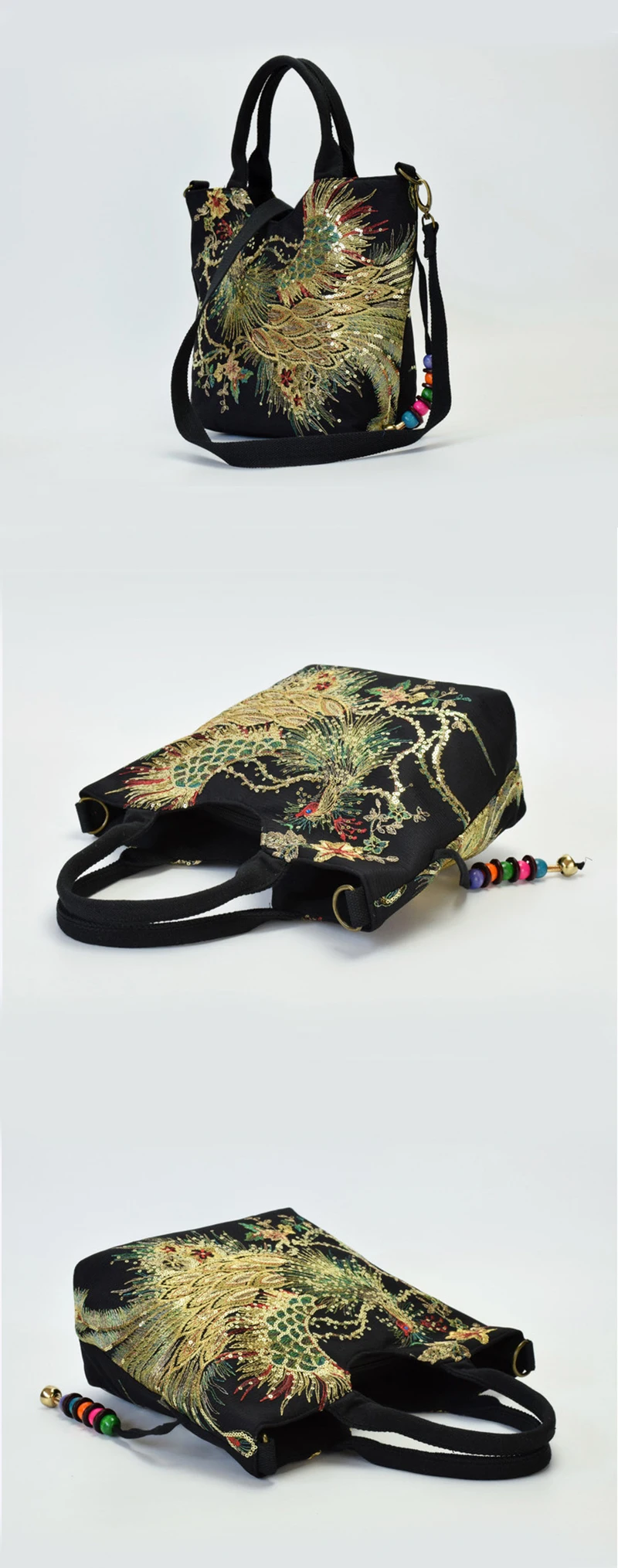 Ethnic Style Sequins Tote Bag, Peacock Embroidery Handbags, Vintage Canvas Crossbody Bag