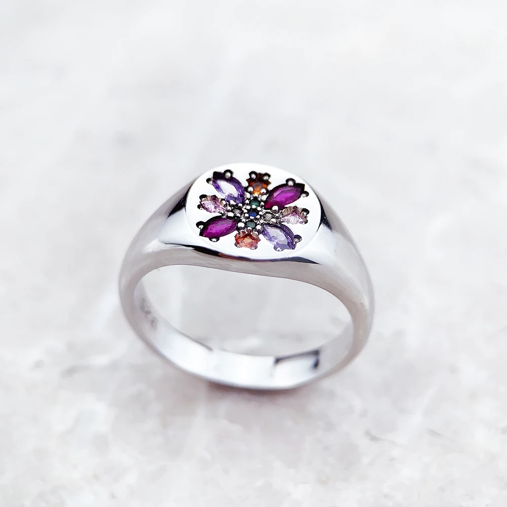 Ring Colourful Stone Flower Europe Style Bohemia Fine Jewelry For Women Summer Brand New Pure 925 Sterling Silver Gift