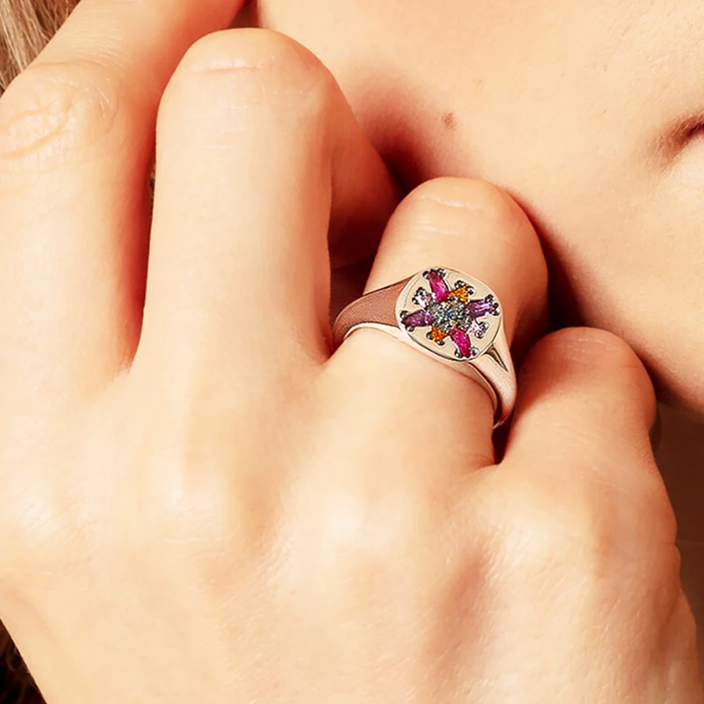 Ring Colourful Stone Flower Europe Style Bohemia Fine Jewelry For Women Summer Brand New Pure 925 Sterling Silver Gift