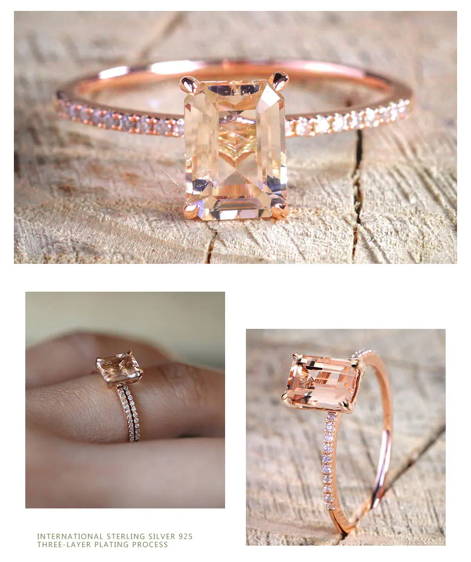 ZDADAN 925 Sterling Silver 2pcs 18K Rose Gold Square Zircon Rings For Women Wedding Jewelry