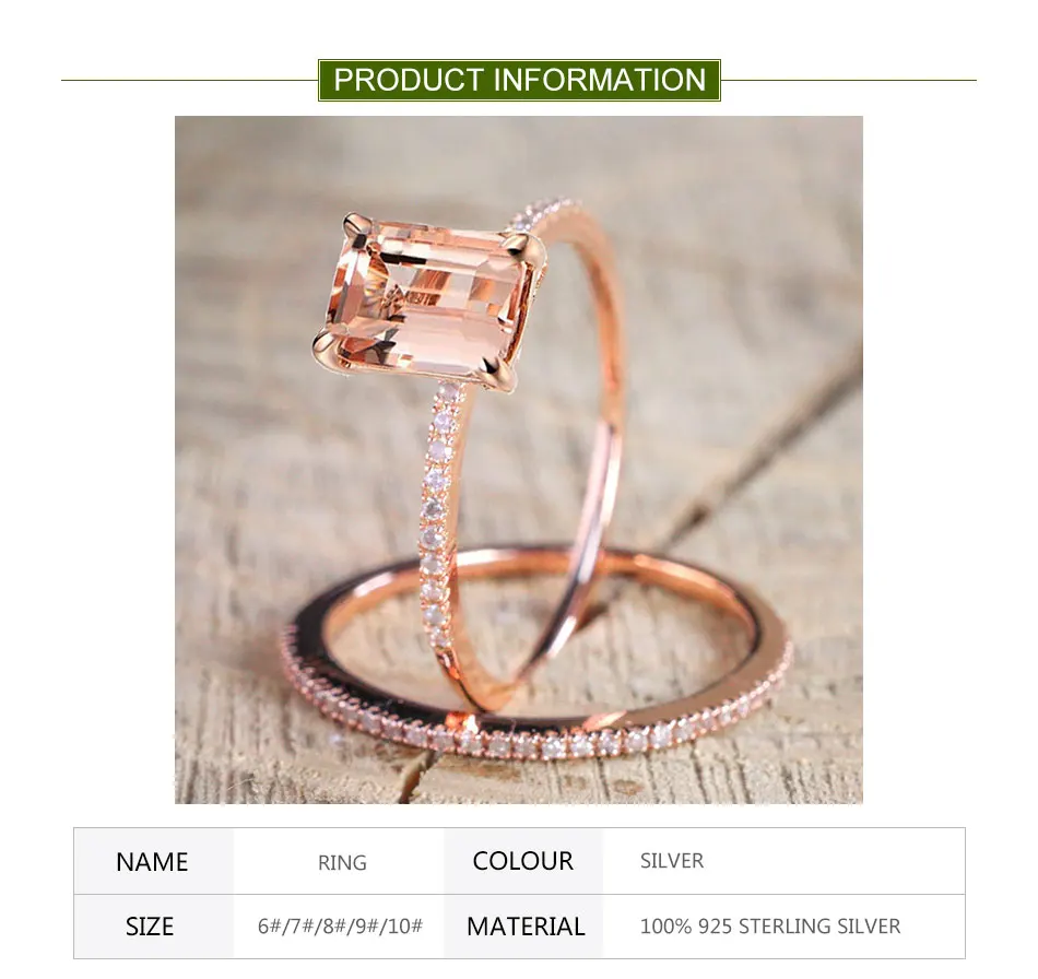 ZDADAN 925 Sterling Silver 2pcs 18K Rose Gold Square Zircon Rings For Women Wedding Jewelry