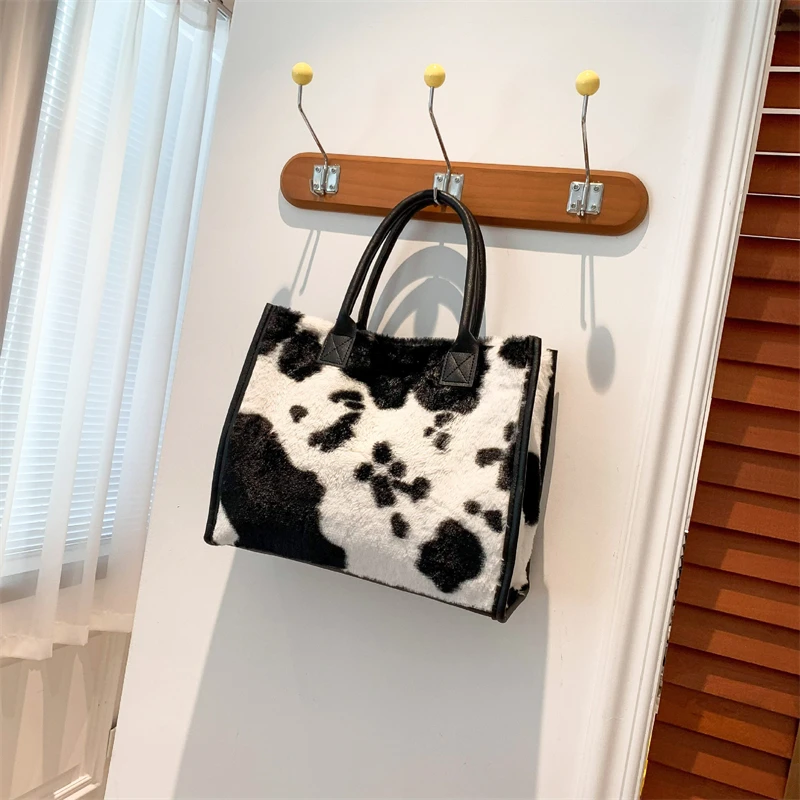 Winter Faux Fur ,Leopard Print Designer Shopper Totes, Fashion Soft Plush Women Shoulder Bags, Large Capacity Handbags and Purse