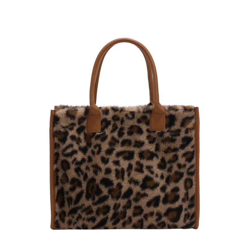 Winter Faux Fur ,Leopard Print Designer Shopper Totes, Fashion Soft Plush Women Shoulder Bags, Large Capacity Handbags and Purse