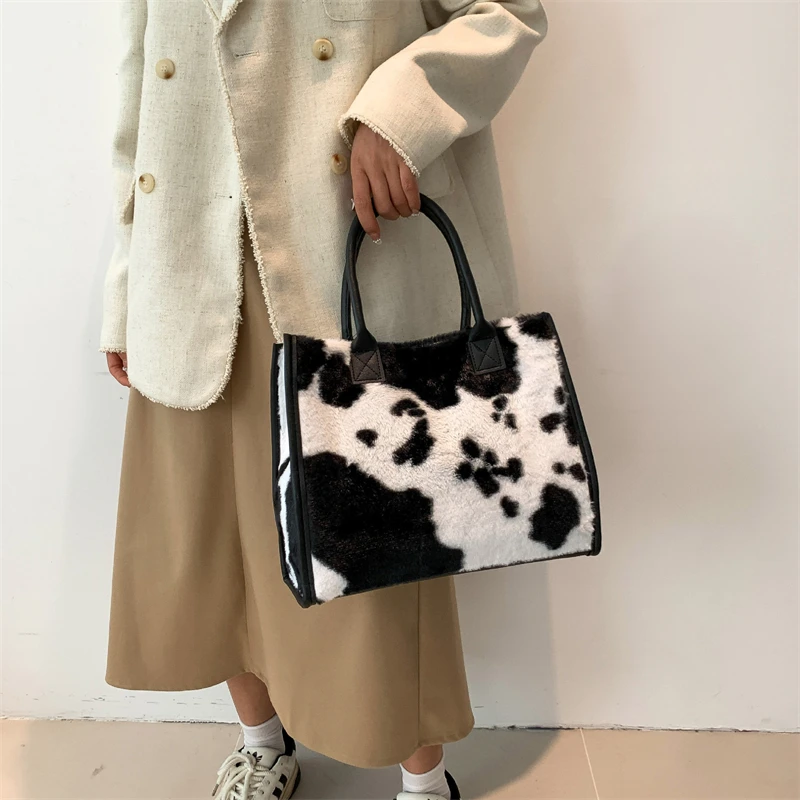 Winter Faux Fur ,Leopard Print Designer Shopper Totes, Fashion Soft Plush Women Shoulder Bags, Large Capacity Handbags and Purse