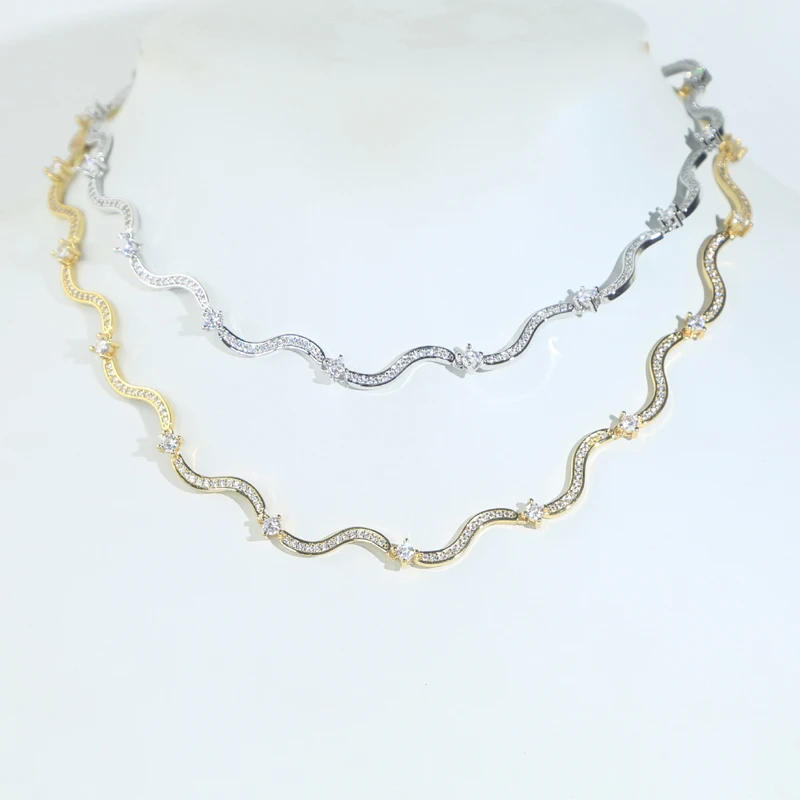 2024 New Arrived High Quality Women Choker Micro Paved 5A Cubic Zirconia CZ Wave Bar Link Chain Necklace