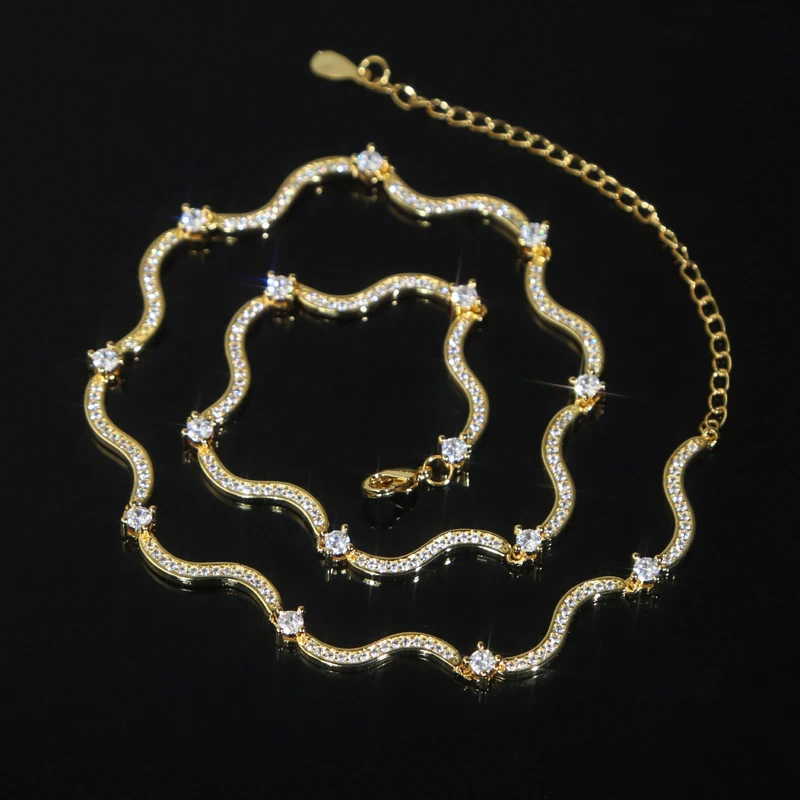 2024 New Arrived High Quality Women Choker Micro Paved 5A Cubic Zirconia CZ Wave Bar Link Chain Necklace