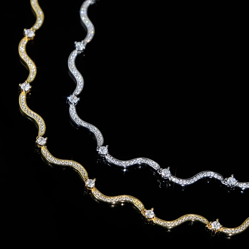 2024 New Arrived High Quality Women Choker Micro Paved 5A Cubic Zirconia CZ Wave Bar Link Chain Necklace